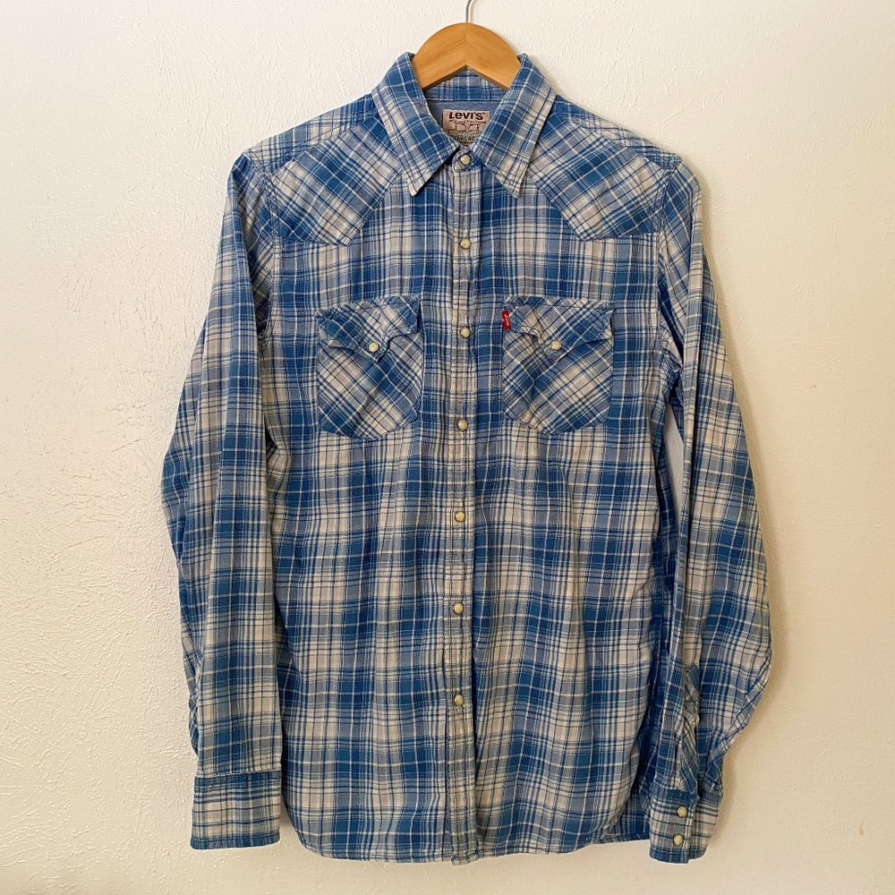 Vintage Levis Western Wear Blue White Flannel Snap Button Down Cotton Shirt